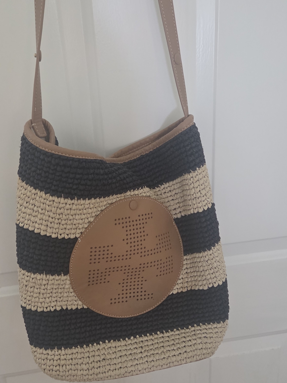 Striped Crochet Shoulder Bag with Tan Leather Patch